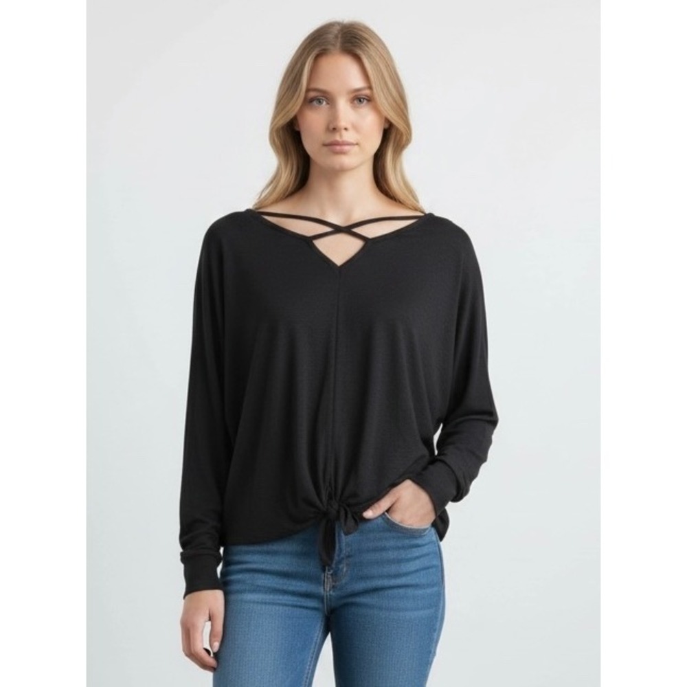IN San Francisco NEW Woman's Black Strappy V-Neck Long Sleeve Top Large